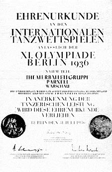 Ehrenurkunde von 1936 für das Warschauer Parnell Ballett